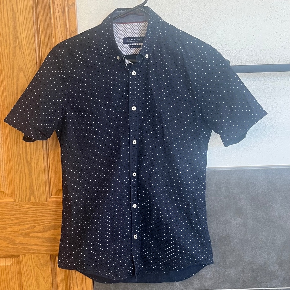 Zara Man Navy Blue Polka Dot Short Sleeve Button Down Shirt Size Small
